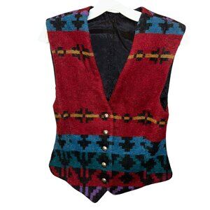 Vintage KILIM wool ethnic navajo print vest pewter stamped buttons M